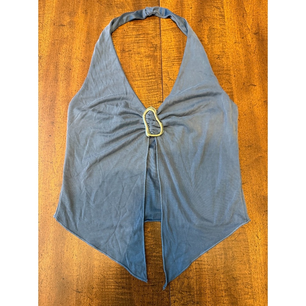 Princess Polly Halter Top Womens US 8 Blue Silver Buckle Deep V Ruched Y2K